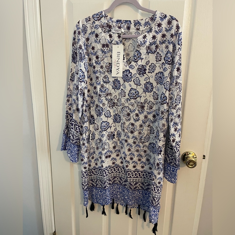 NWT Bindya Womens Tunic Dess V-neck longsleeve Summer Resort Costal Boho M/L